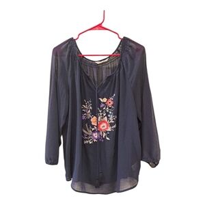 Daisy Fuentes floral Embroidered casual Navy Blue top blouse size L